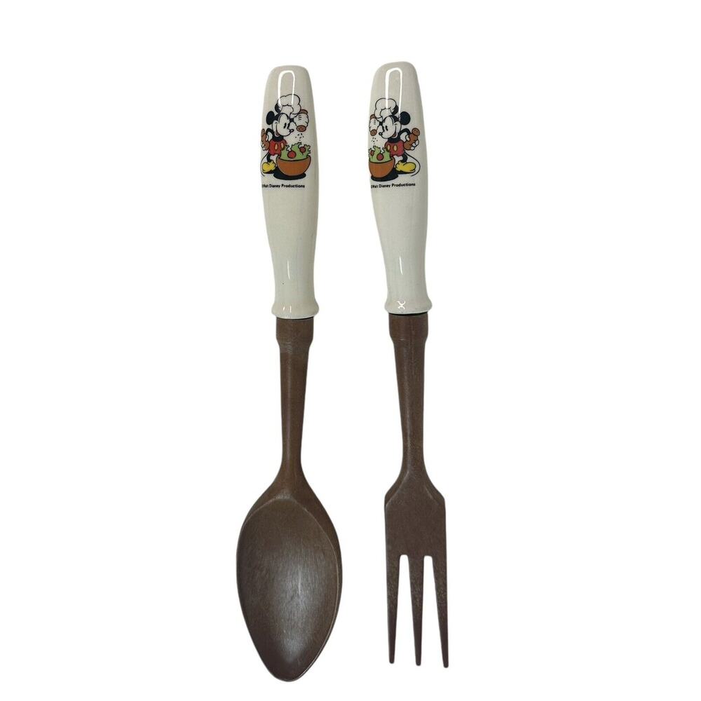 Vintage Disney Mickey Mouse Salad Fork and Spoon Salad Serving Set 11" Wood Look